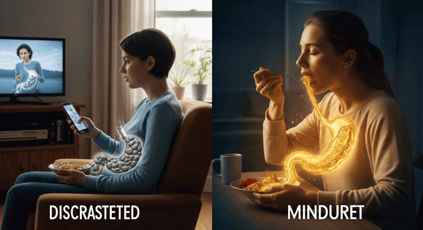 A symbolic image contrasting distracted eating, which turns food into stones, with mindful eating, which turns food into golden nourishment.