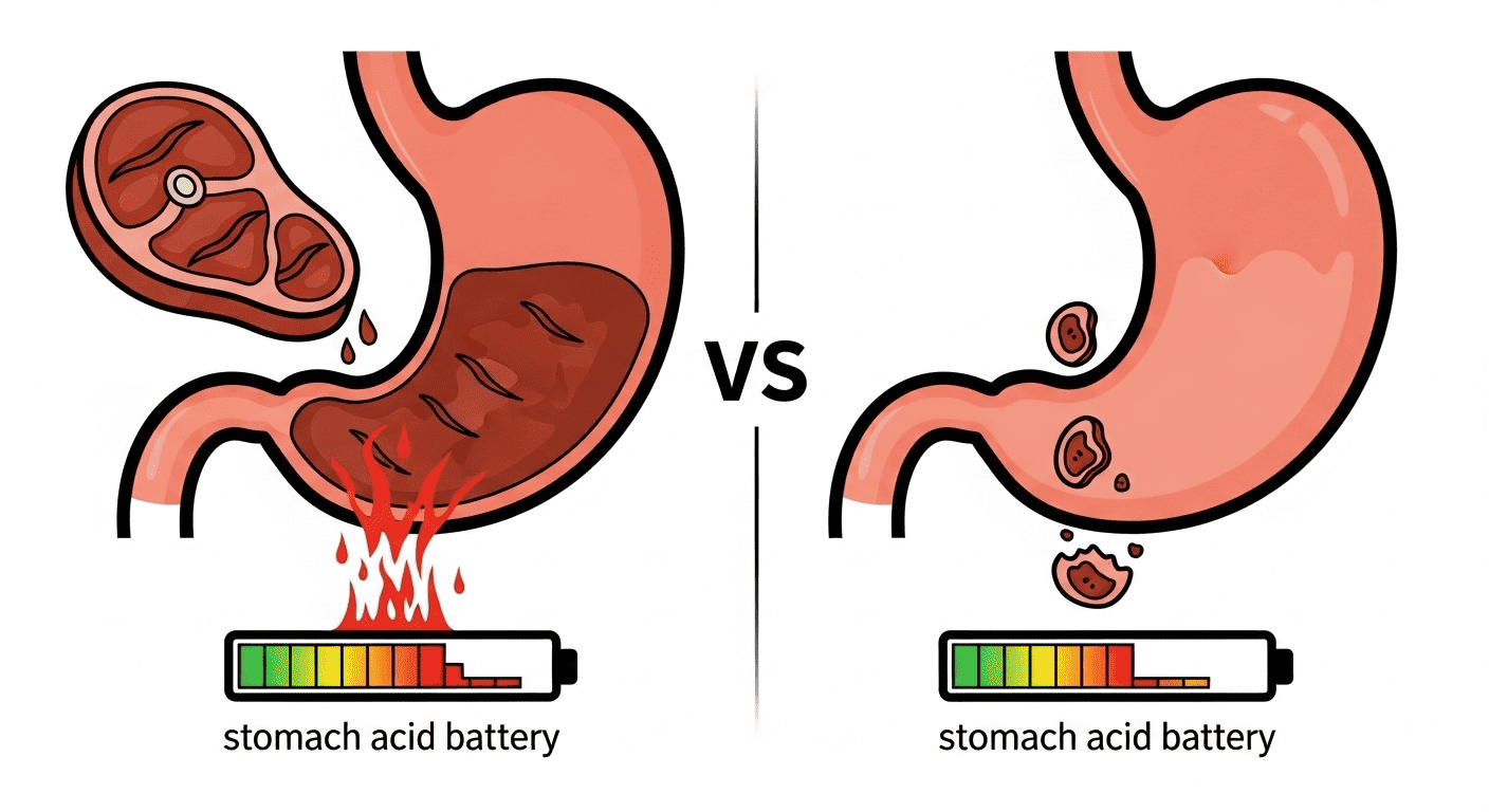  A symbolic image showing how unchewed food drains the stomach's "acid battery" quickly, while chewed food conserves it, leading to better digestion.