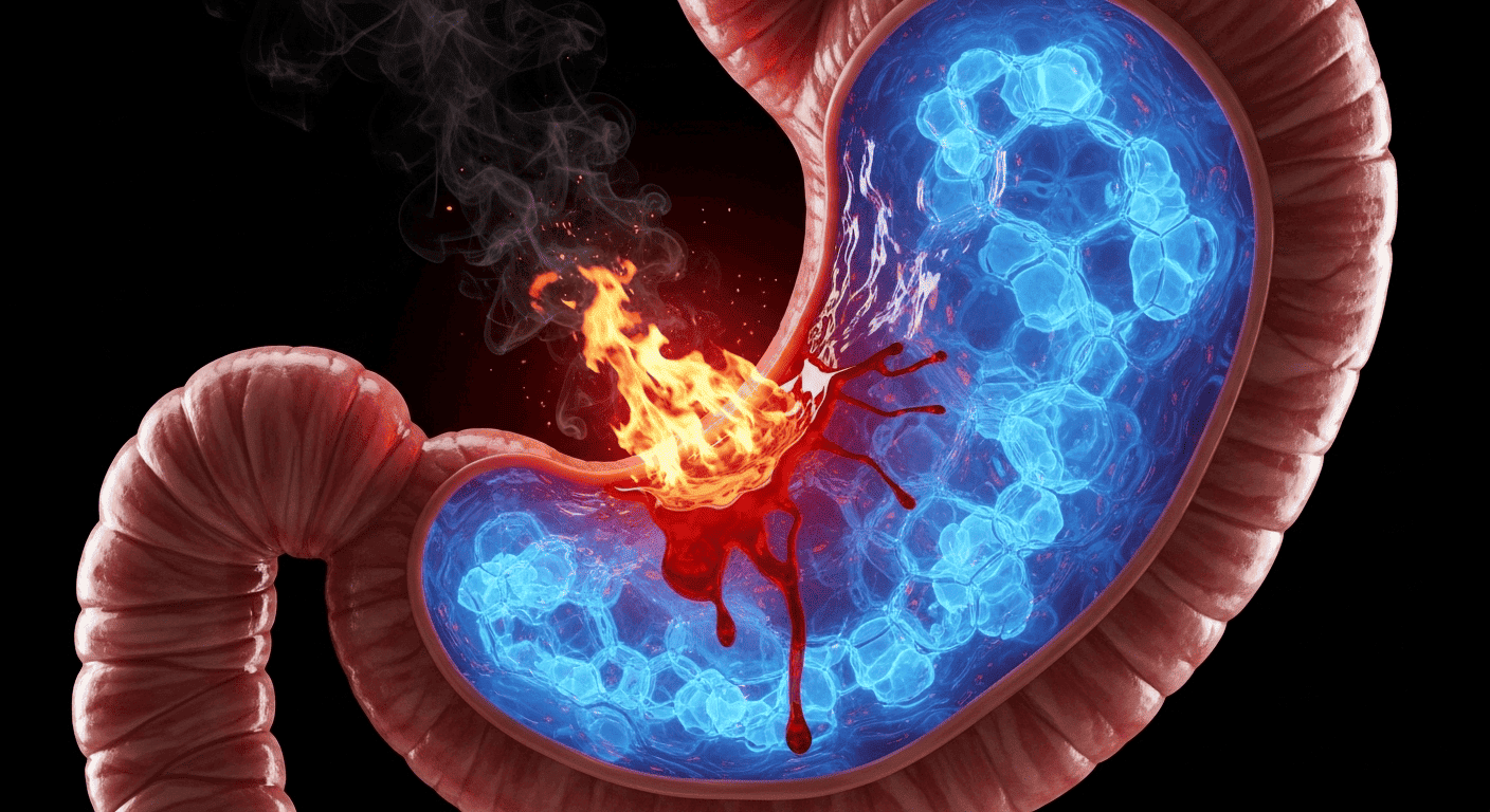  A conceptual image showing stomach acid burning through the protective mucus lining due to prolonged hunger, causing an ulcer.