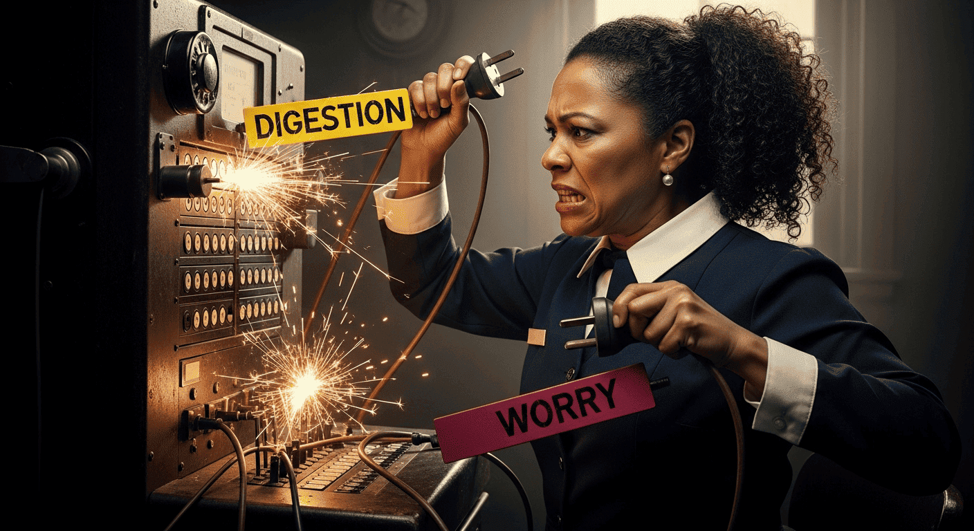 A conceptual image of a confused nerve operator causing "hiccups" by trying to process digestion and worry at the same time.