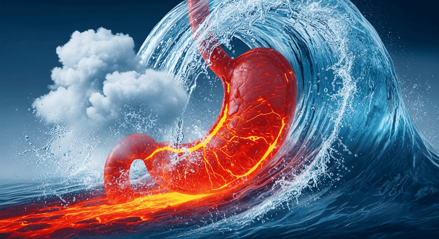 A conceptual image of a tidal wave of water extinguishing the fiery lava of stomach acid, symbolizing how water ruins digestion.