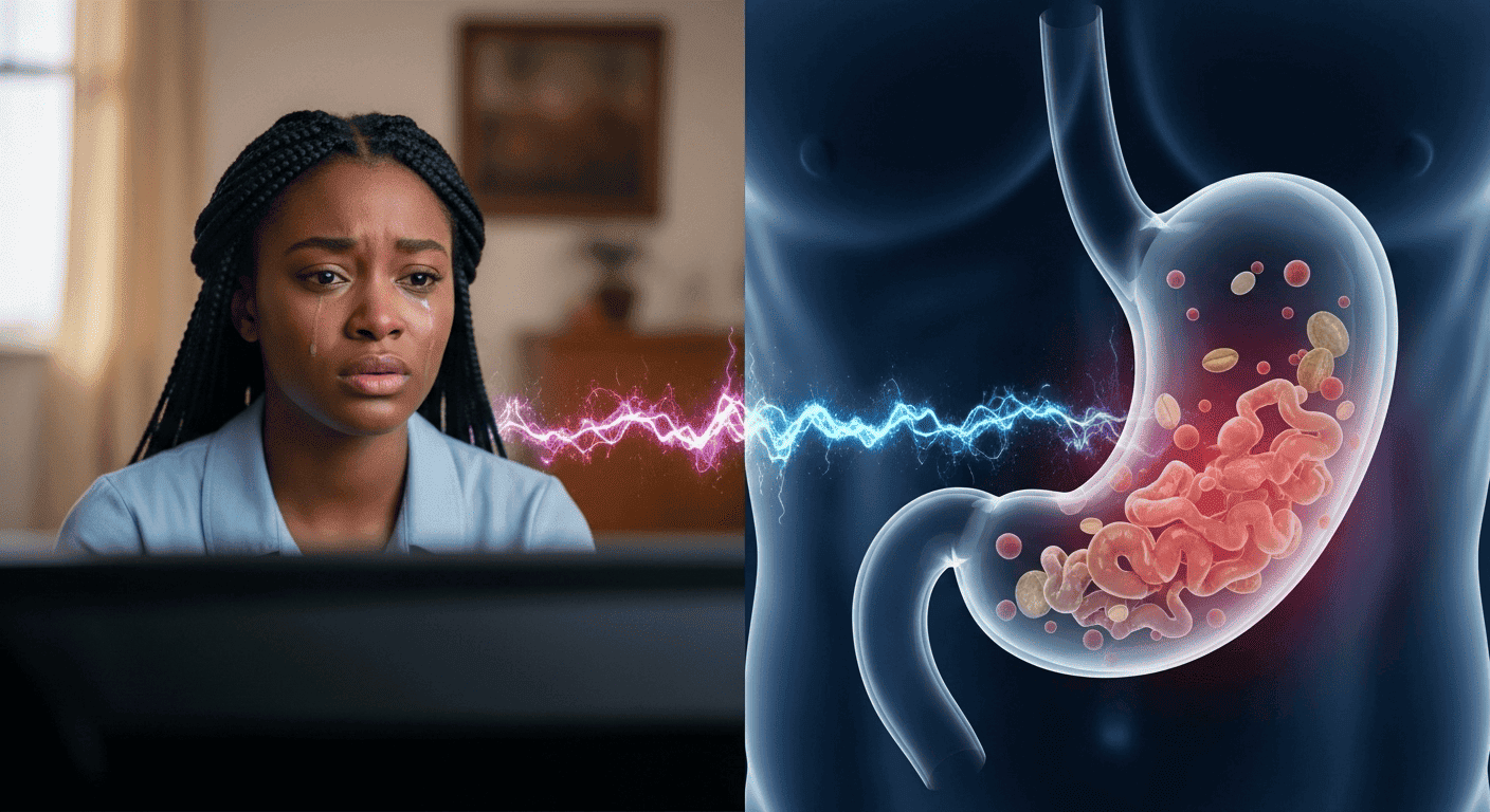  A conceptual image showing how emotional distress from watching TV can negatively impact digestion by splitting the body's focus.