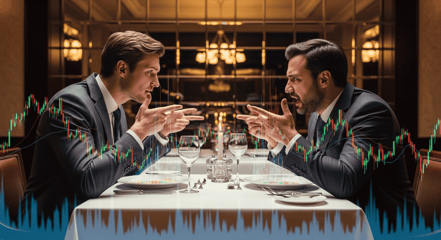 Two businessmen discuss work over a meal, where their food has been replaced by stressful financial charts to symbolize toxic distraction.