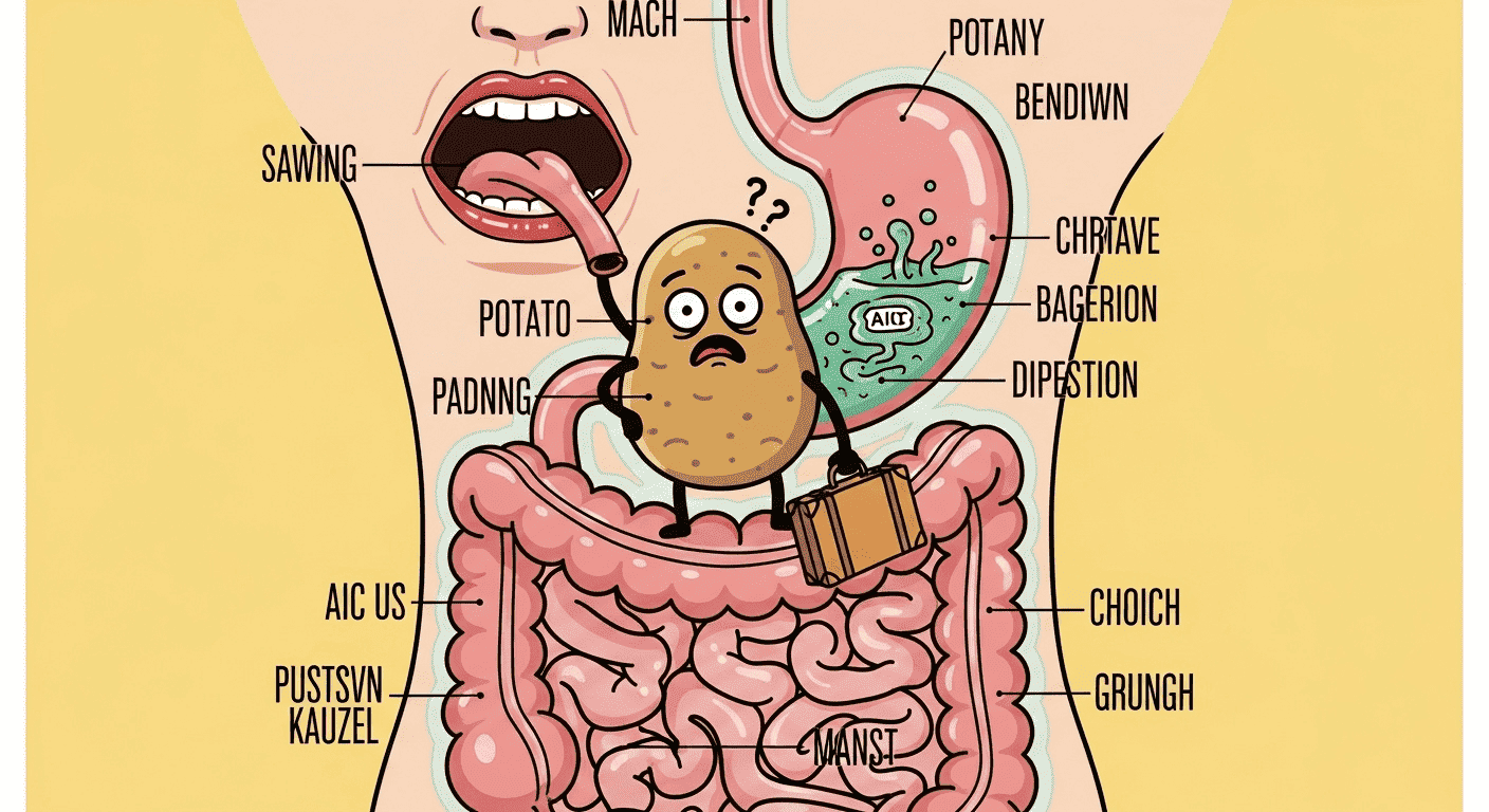 A cartoon diagram showing an undigested potato passing through the digestive tract, illustrating the concept of improper digestion versus blaming the food itself.