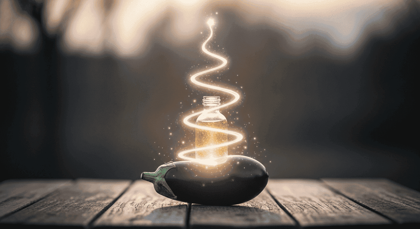  An artistic image of an eggplant magically transforming into a healing potion, symbolizing how a "forbidden" food can become medicine when consumed correctly.