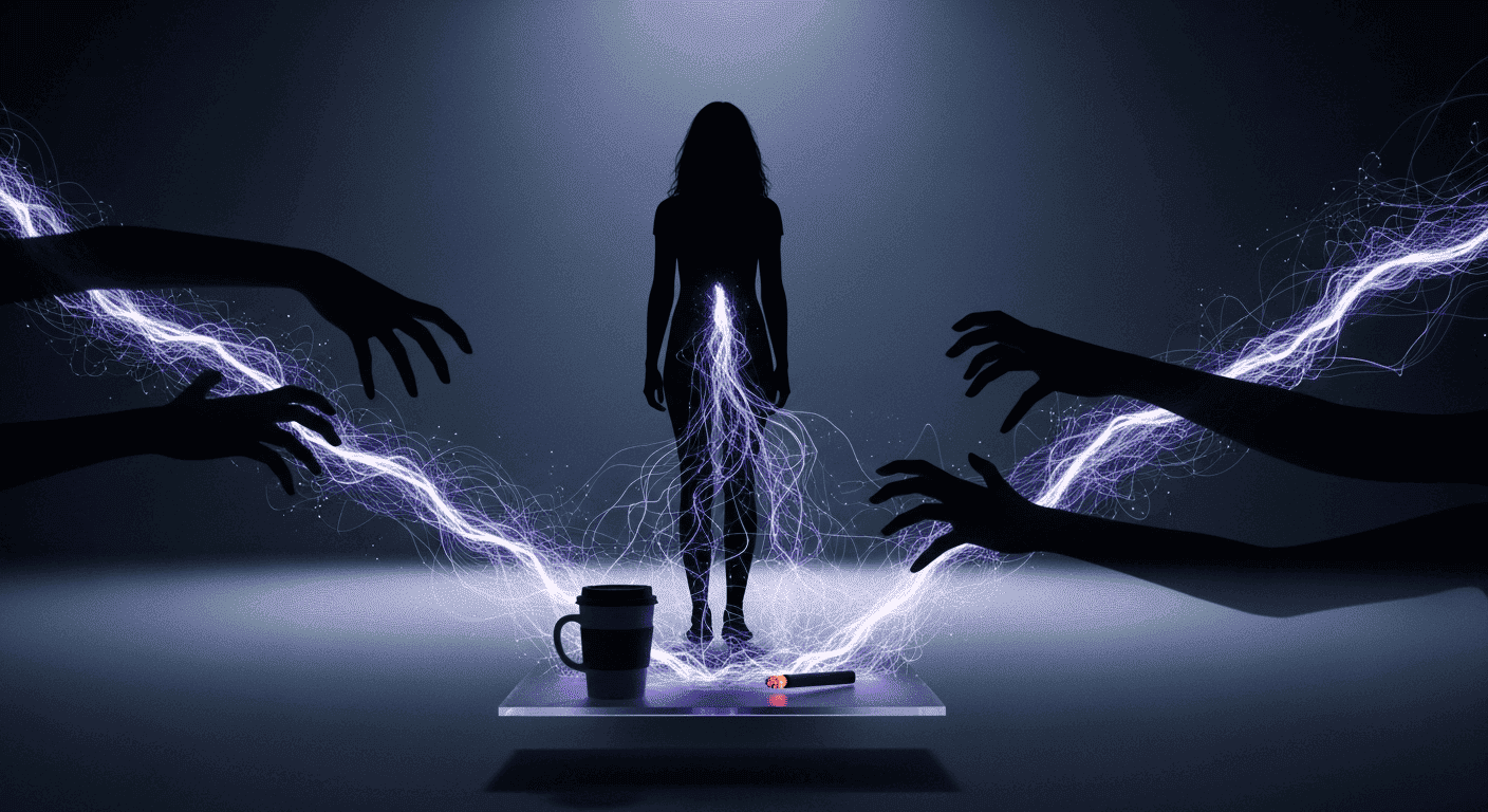 A visual metaphor showing intoxicants like coffee and cigarettes draining energy from a person's body, representing them as energy thieves.