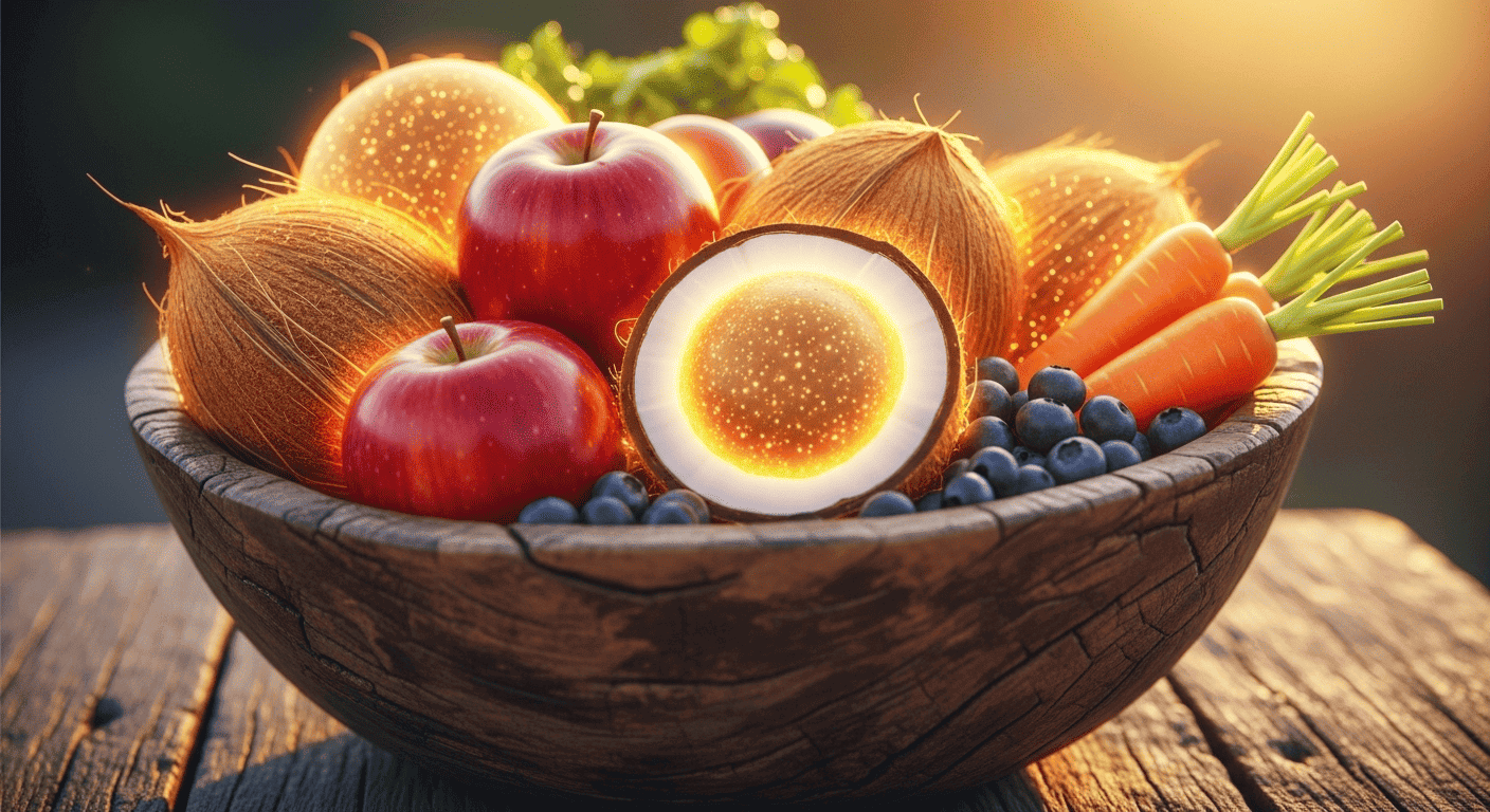 A bowl of fresh, glowing fruits and vegetables, illustrating the concept of Type-1 foods that are full of life force and nutrients.