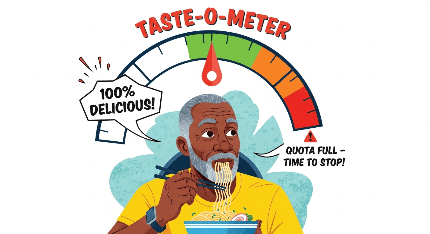 An illustration of a "Taste-O-Meter" showing how the deliciousness of food can signal when your body is full, a key principle of mindful eating.