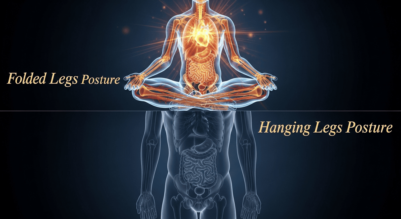 A comparison image showing how a folded-leg posture nourishes the upper body's organs with blood flow, while a hanging-leg posture depletes them.