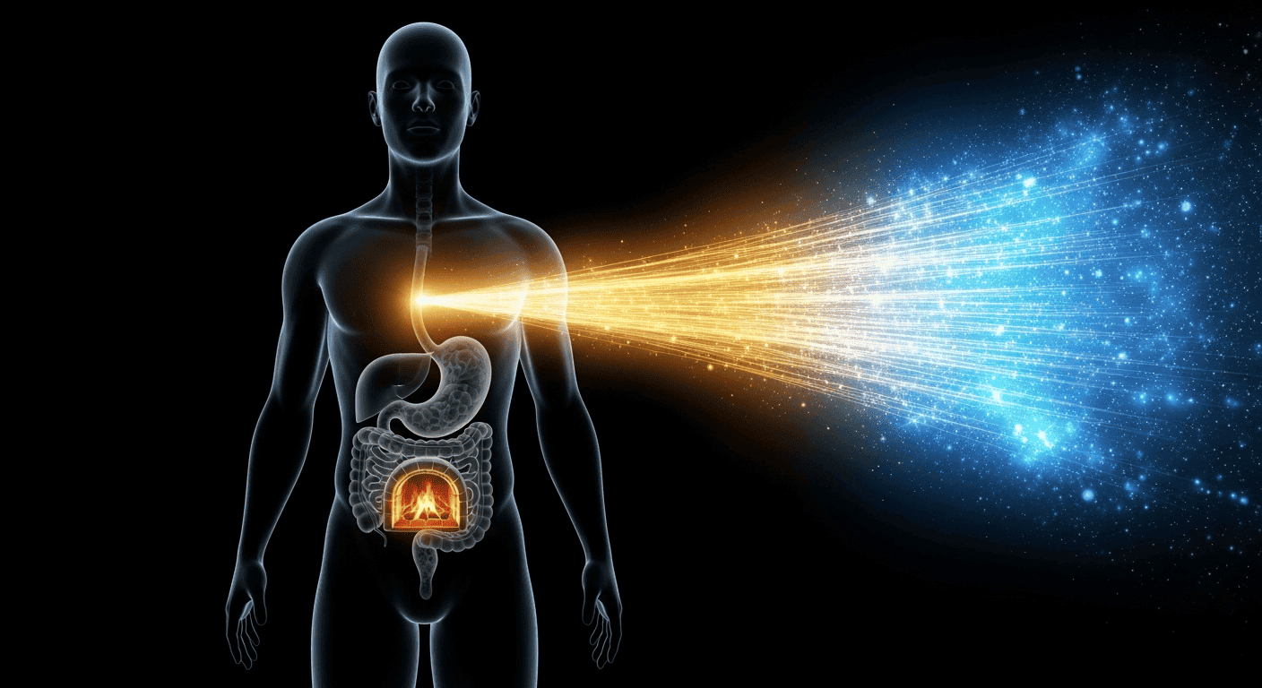 A diagram showing the body's energy being diverted to temperature control on the skin after a shower, leaving the digestive system powerless.