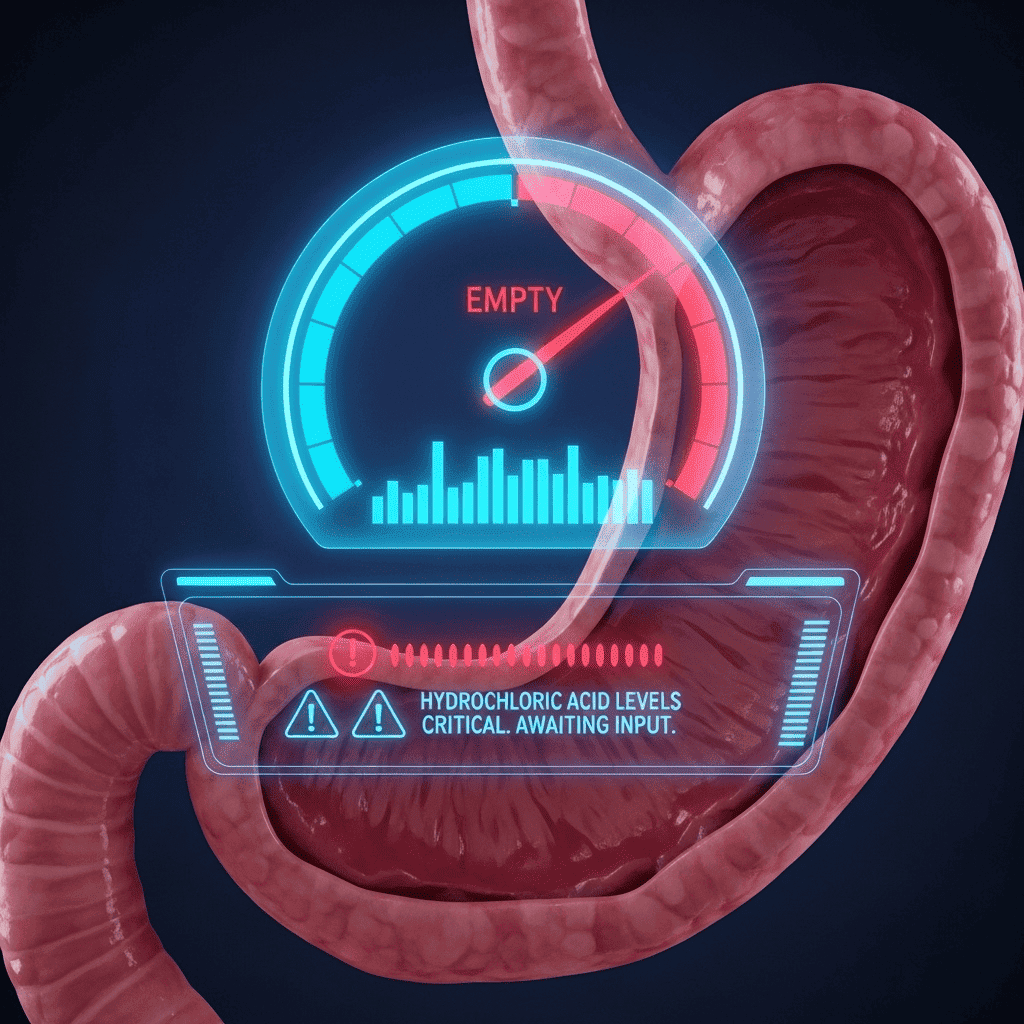  A dashboard inside a stomach showing a fuel gauge on empty and a critical acid warning, symbolizing the danger of ignoring a hunger belch.