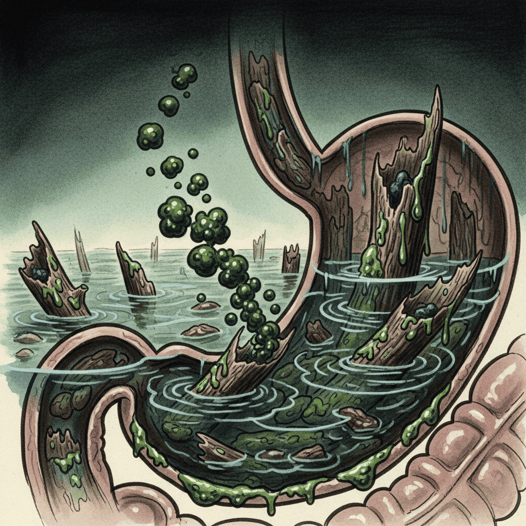 The stomach visualized as a toxic swamp with rotting food, representing the dangerous red flag of an indigestion belch.