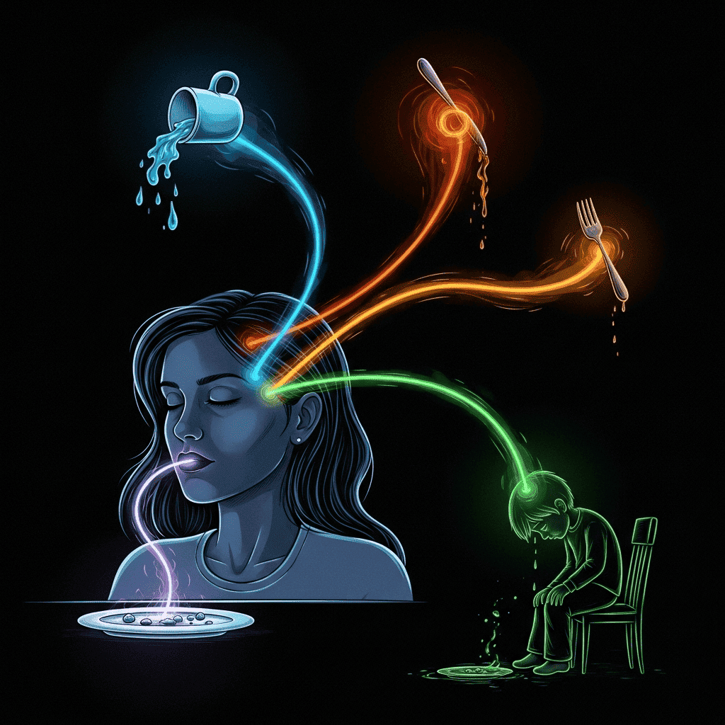 An illustration of a mother's attention being pulled in many directions toward her child during a meal, fatally neglecting her own food and digestion.