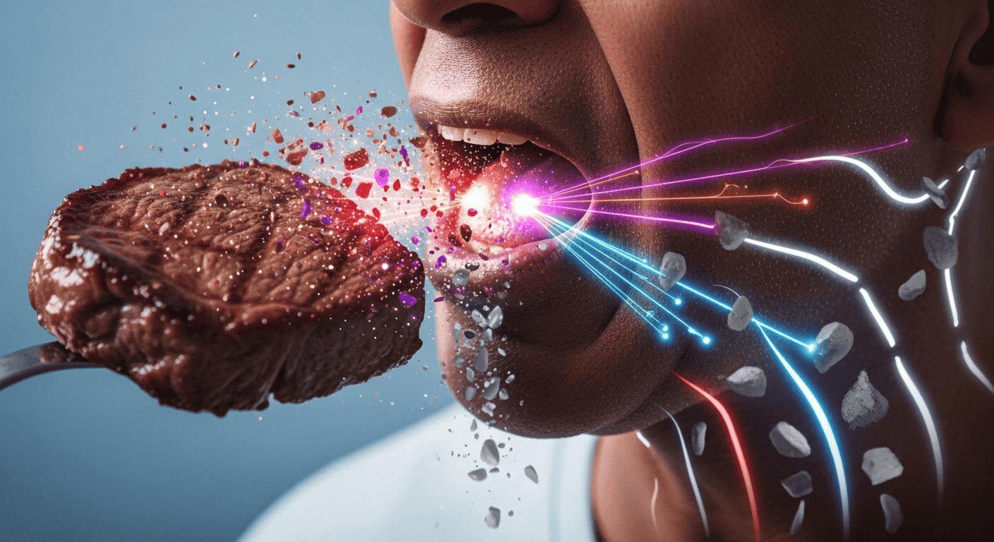 A diagram showing how taste is absorbed by the tongue for energy, while undigested taste becomes waste when swallowed too soon.