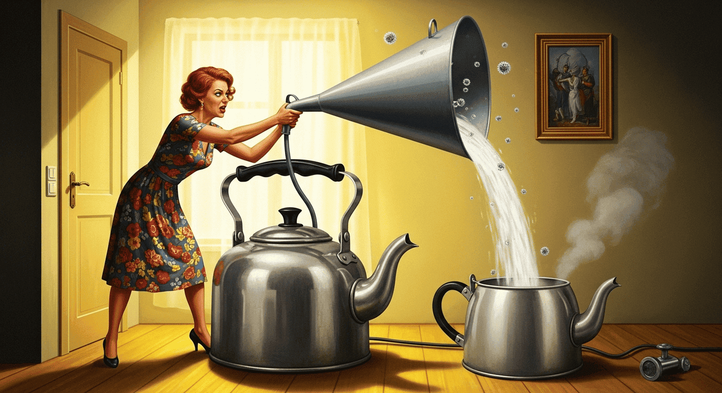 A person trying to boil the air in a giant kettle, illustrating the logical flaw in only worrying about germs in water and not the air.
