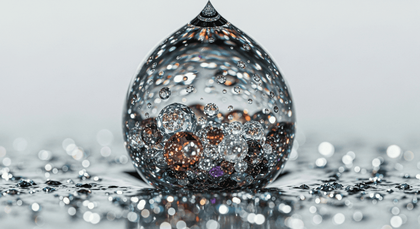 A magnified drop of water filled with beautiful, shimmering mineral crystals, symbolizing the valuable nutrients being stolen by water filters.