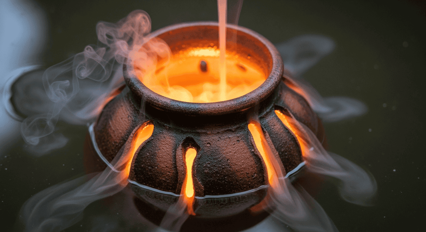  A glowing earthen pot pulling impurities from water, symbolizing its natural purification and energizing properties.