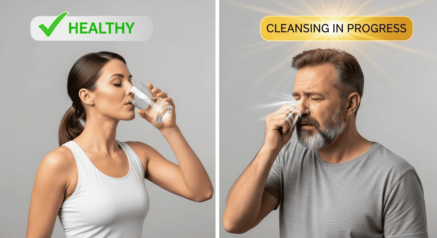  A comparison showing how a healthy person has no reaction to new water, while a person with underlying issues experiences a positive cleansing reaction, like a cold.