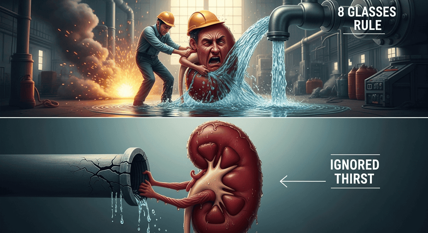 A depiction of a kidney being damaged by both too much water (flooding) and too little water (drought), emphasizing the dangers of not listening to the body's thirst signals.