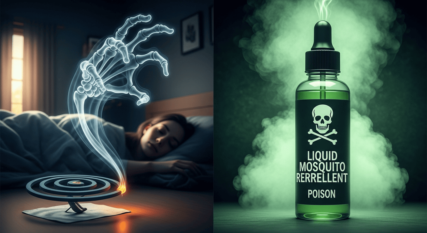 A comparison of a mosquito coil and liquid repellent, both depicted as poison that harms a sleeping person, highlighting their danger.