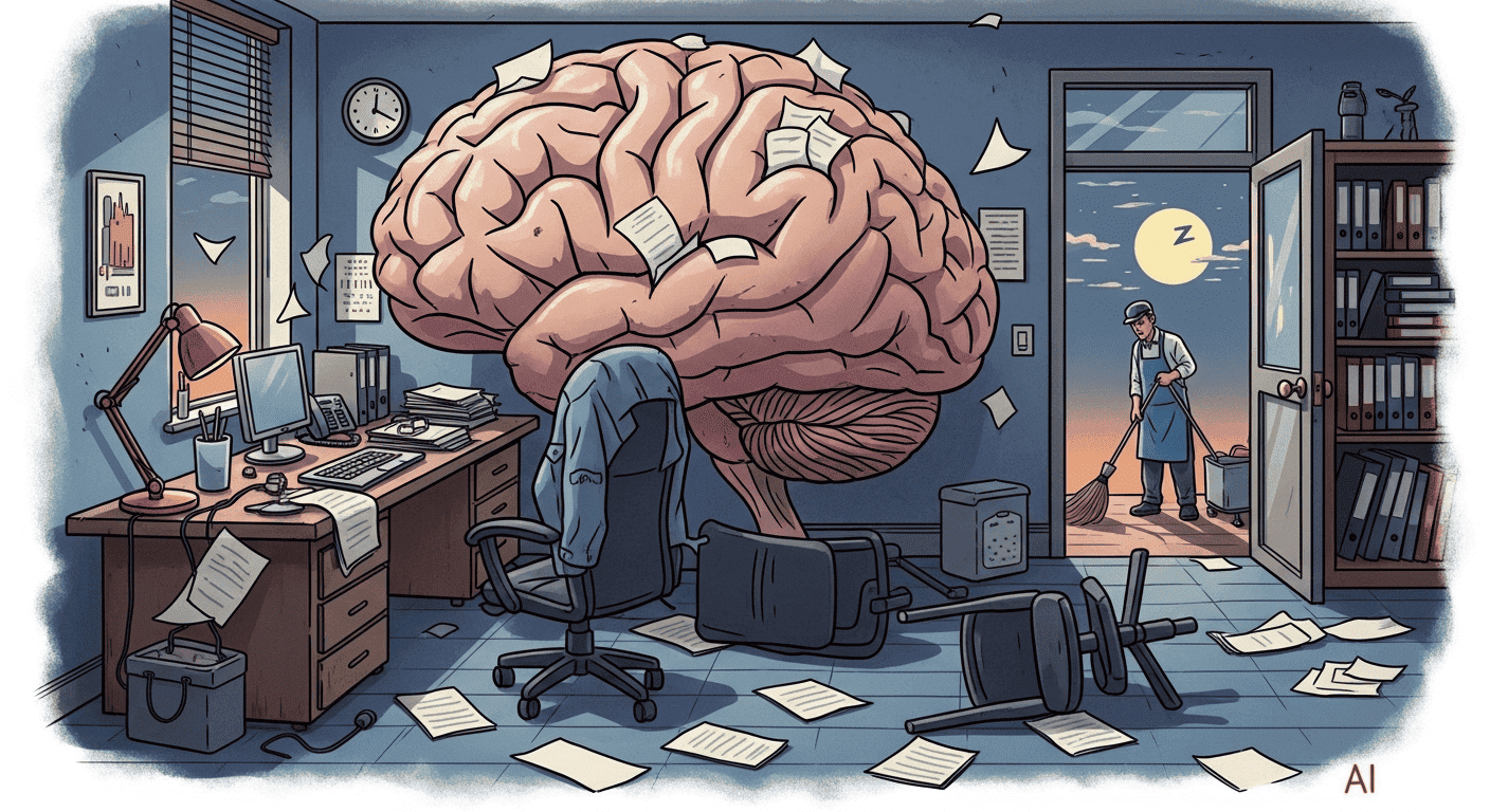 The brain visualized as a messy office being cleaned up, representing the mental "rest" that must occur before sleep is possible.