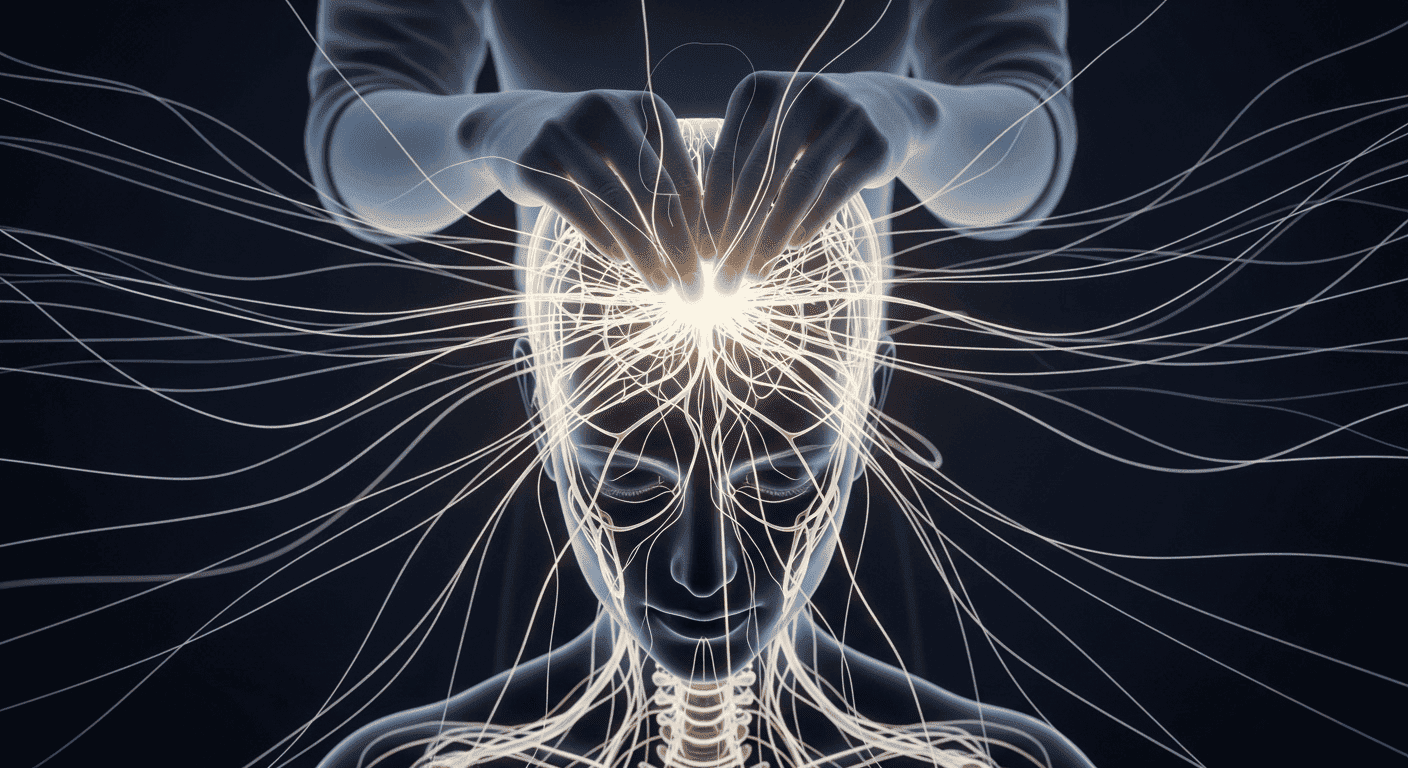 An illustration of the crown of the head as a central point for 72,000 nerves, with massage shown to calm the entire system, aiding sleep.