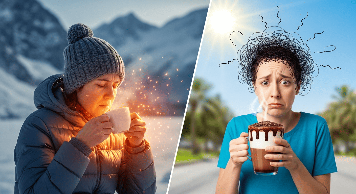 A comparison showing tea being beneficial in a cold climate but harmful in a hot one, illustrating the danger of consuming location-inappropriate stimulants.
