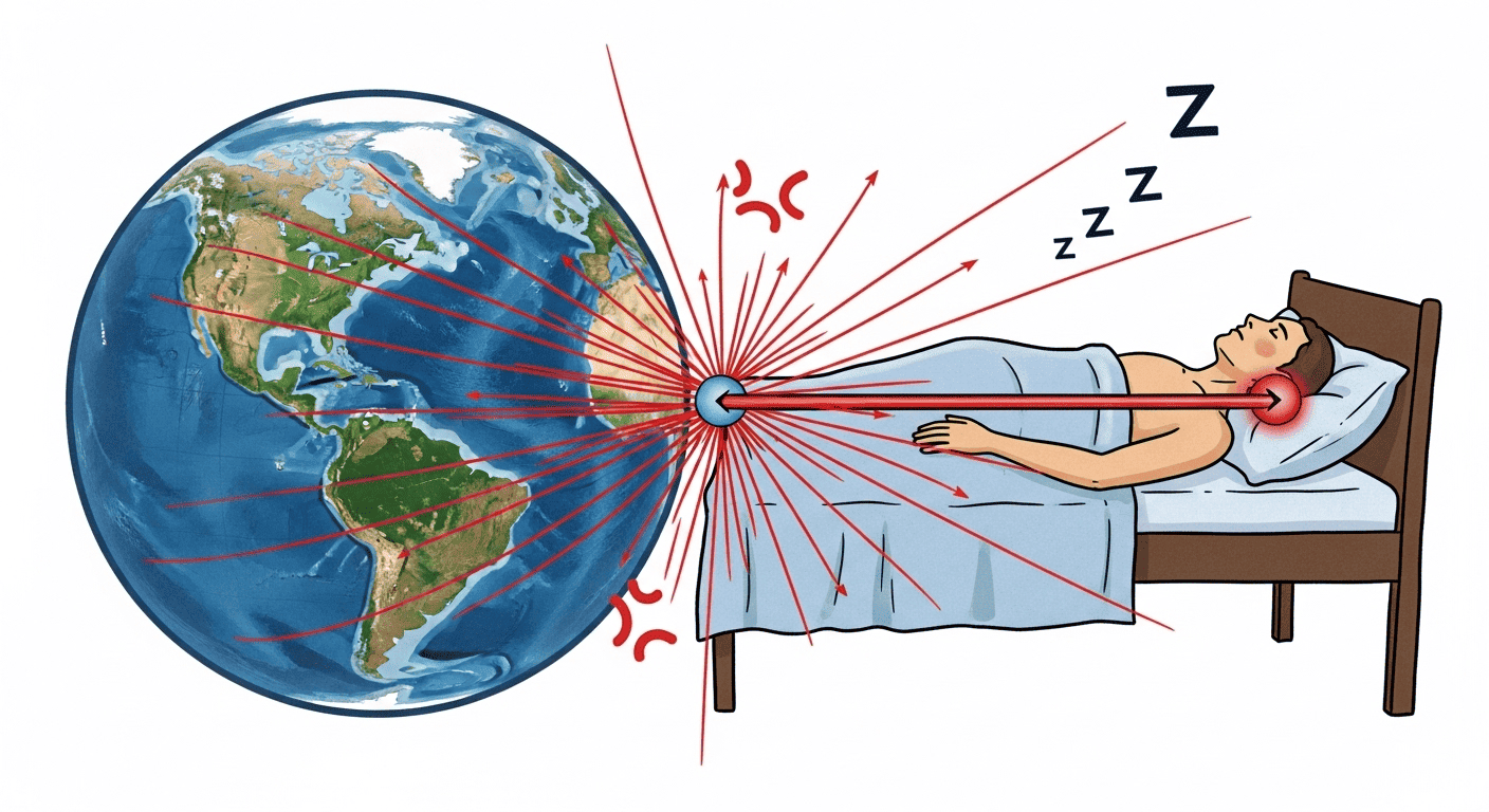 A diagram illustrating magnetic repulsion between the Earth's North pole and a person's head when sleeping in the North direction, causing disturbed rest.