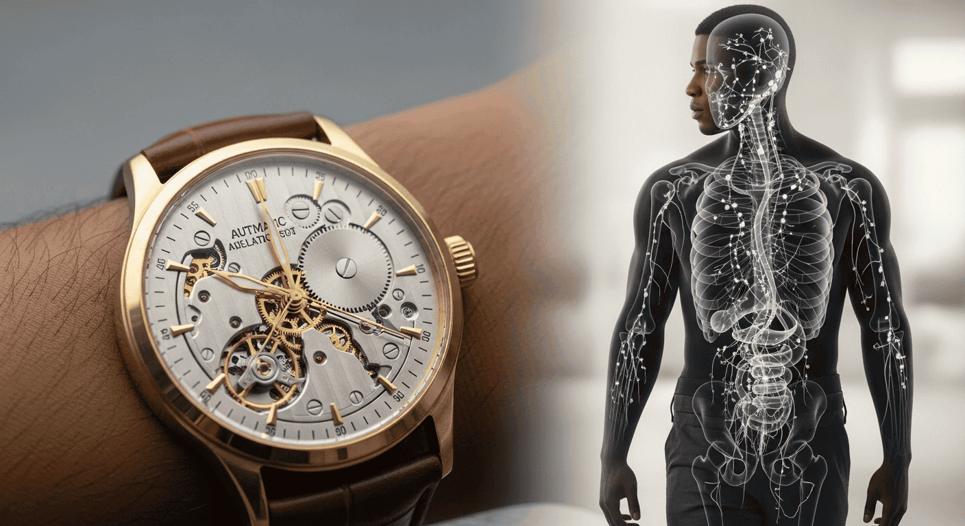An automatic watch on a moving wrist, with the body's lymphatic system flowing in sync, illustrating how movement powers the body's healing system.