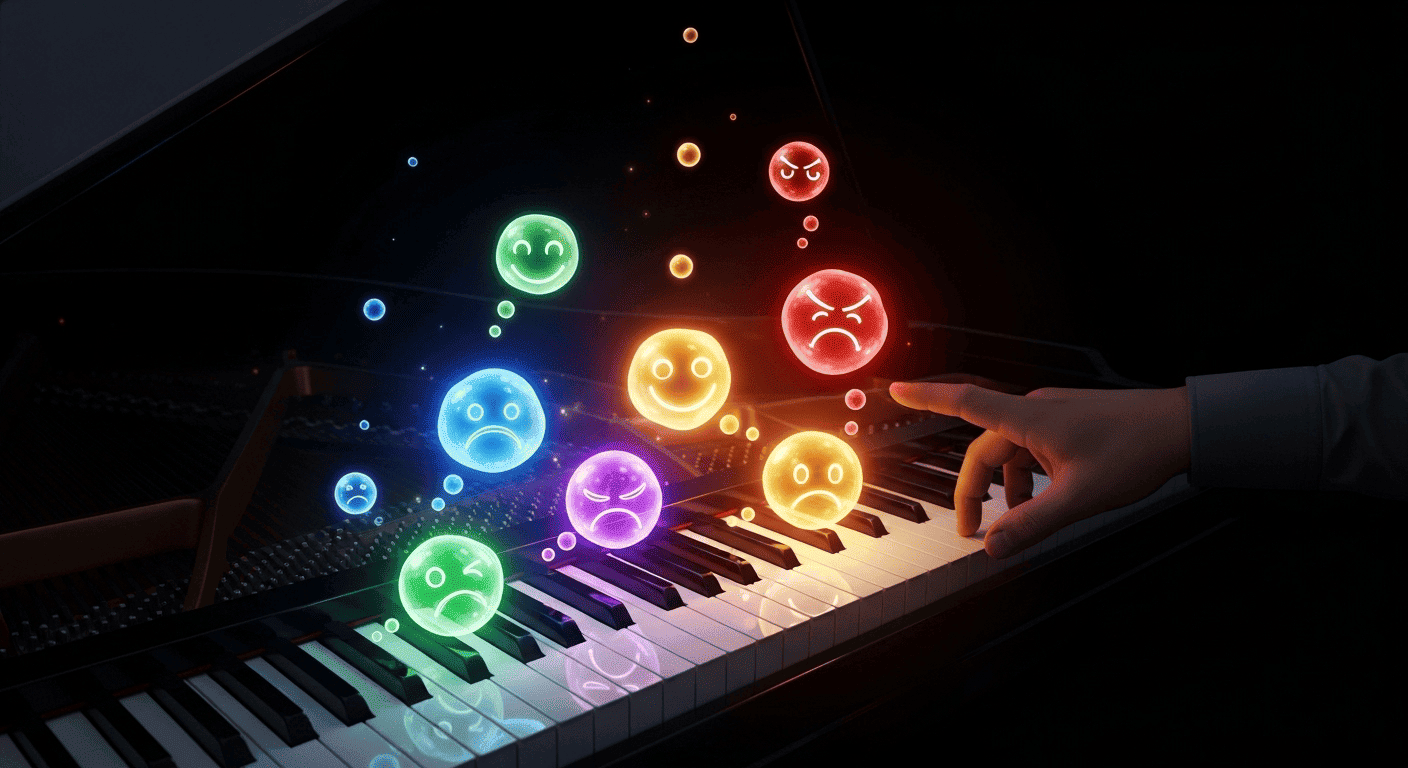 An illustration of a piano producing thought bubbles, showing how ignoring thoughts causes them to fade while engaging with them makes them stronger.
