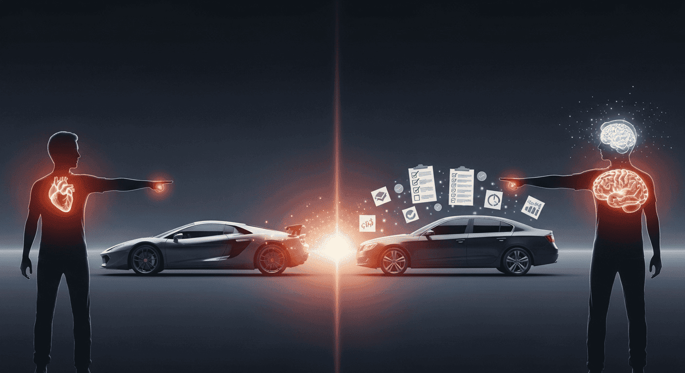 A visual representation of the conflict between the mind (heart), which desires an impractical car, and the brain, which chooses a practical one.