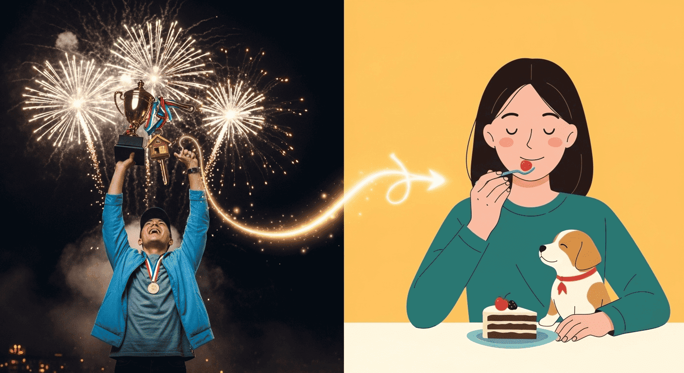 An illustration comparing the happiness from a major life goal to the happiness from a simple pleasure, showing that the emotional result is the same.