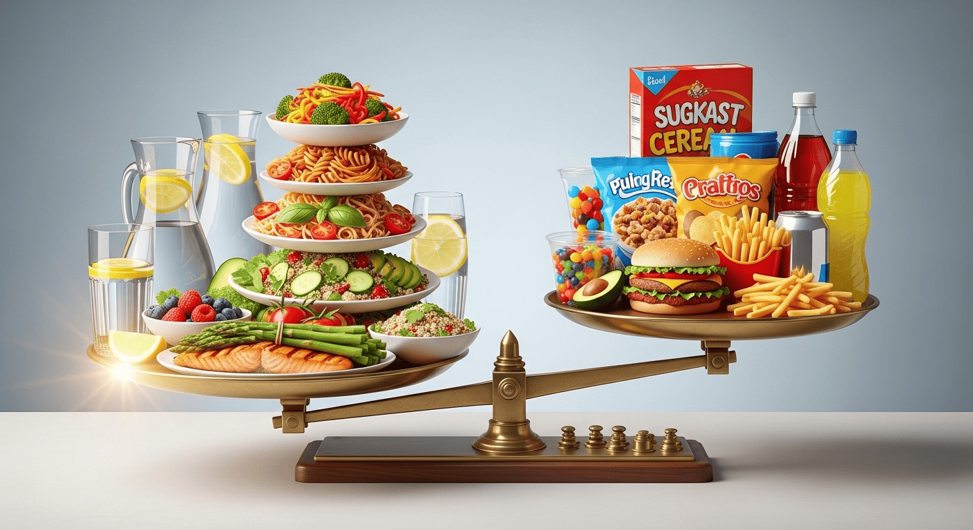 A scale balancing healthy, natural foods against processed foods, representing the body's ideal pH level for optimal health and hair care.