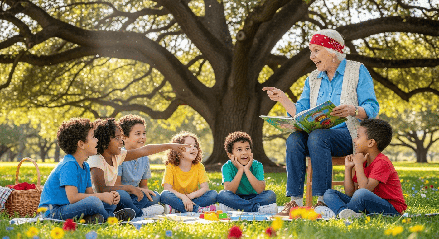 An energetic older person joyfully teaching children, illustrating how a life with purpose contributes to vitality