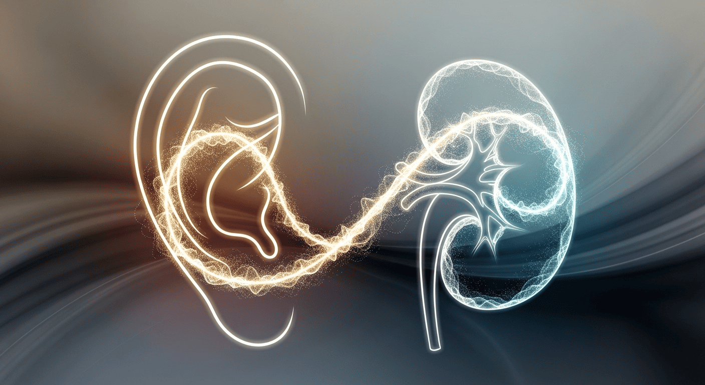 An artistic image showing the connection between the ear and kidney, linked by a flow of energy.