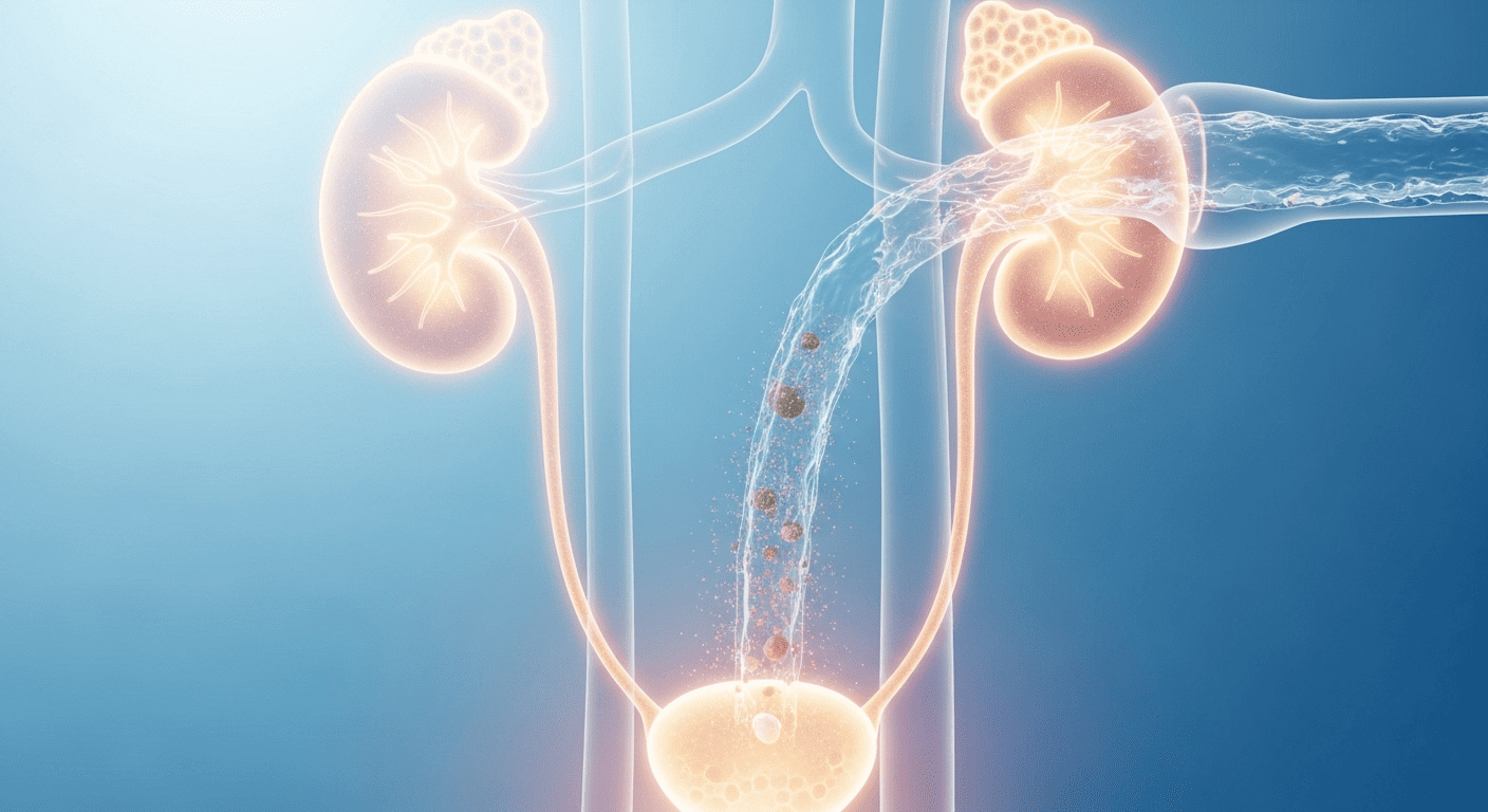 A visual representation of water flushing out kidney stone particles from the urinary system.