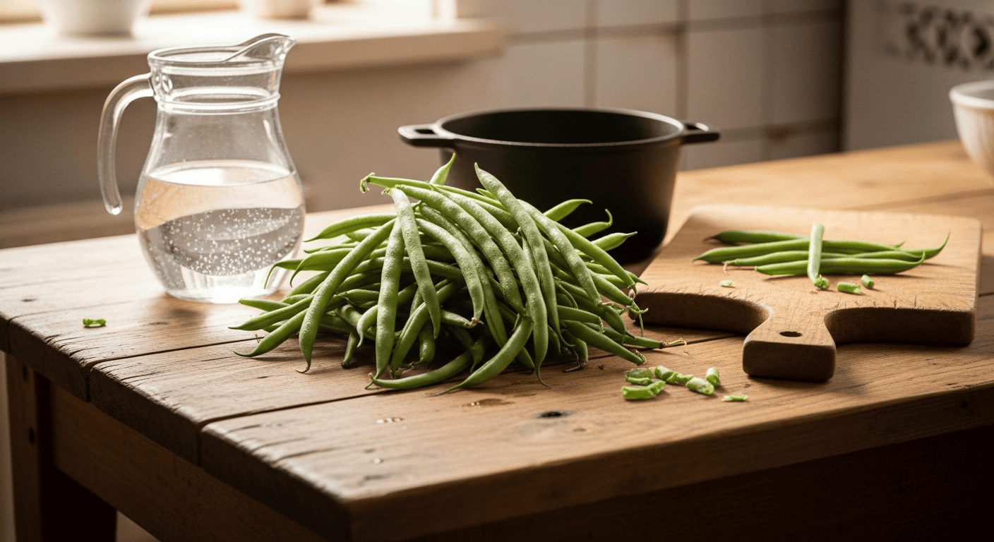 Fresh green beans and a pitcher of water on a kitchen table, representing the simple ingredients for a natural kidney stone remedy.