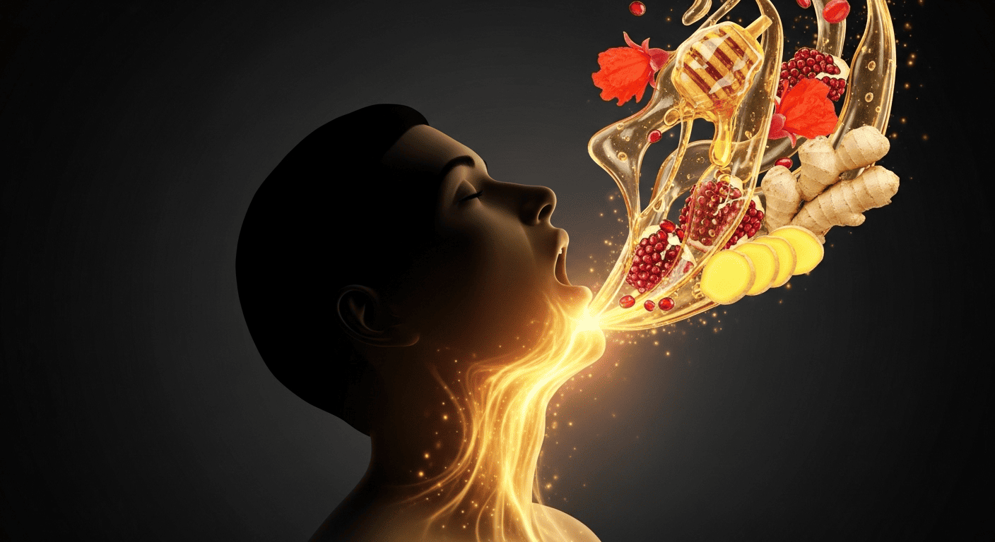 A symbolic image of a natural cough remedy soothing a person's throat.