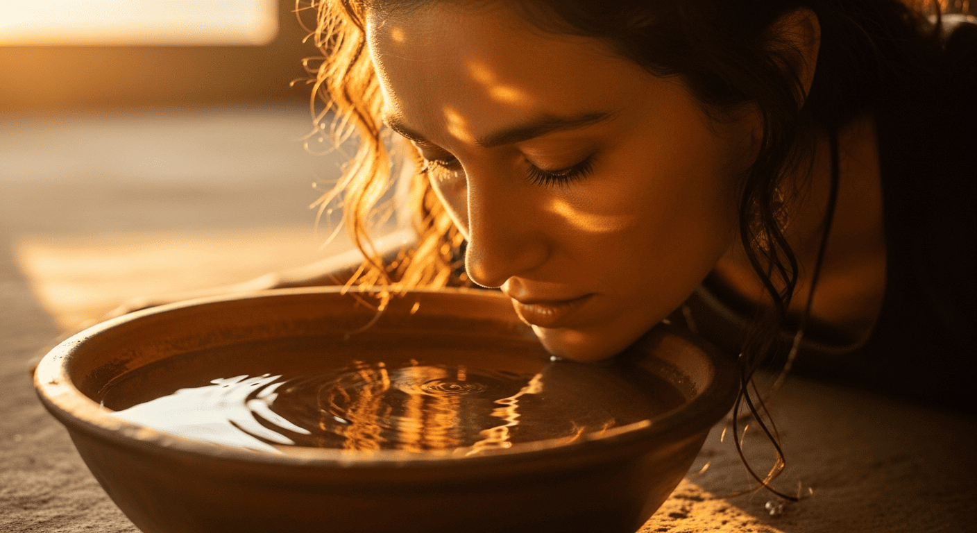 A woman in the early morning performing a natural health exercise by drinking from a clay bowl.