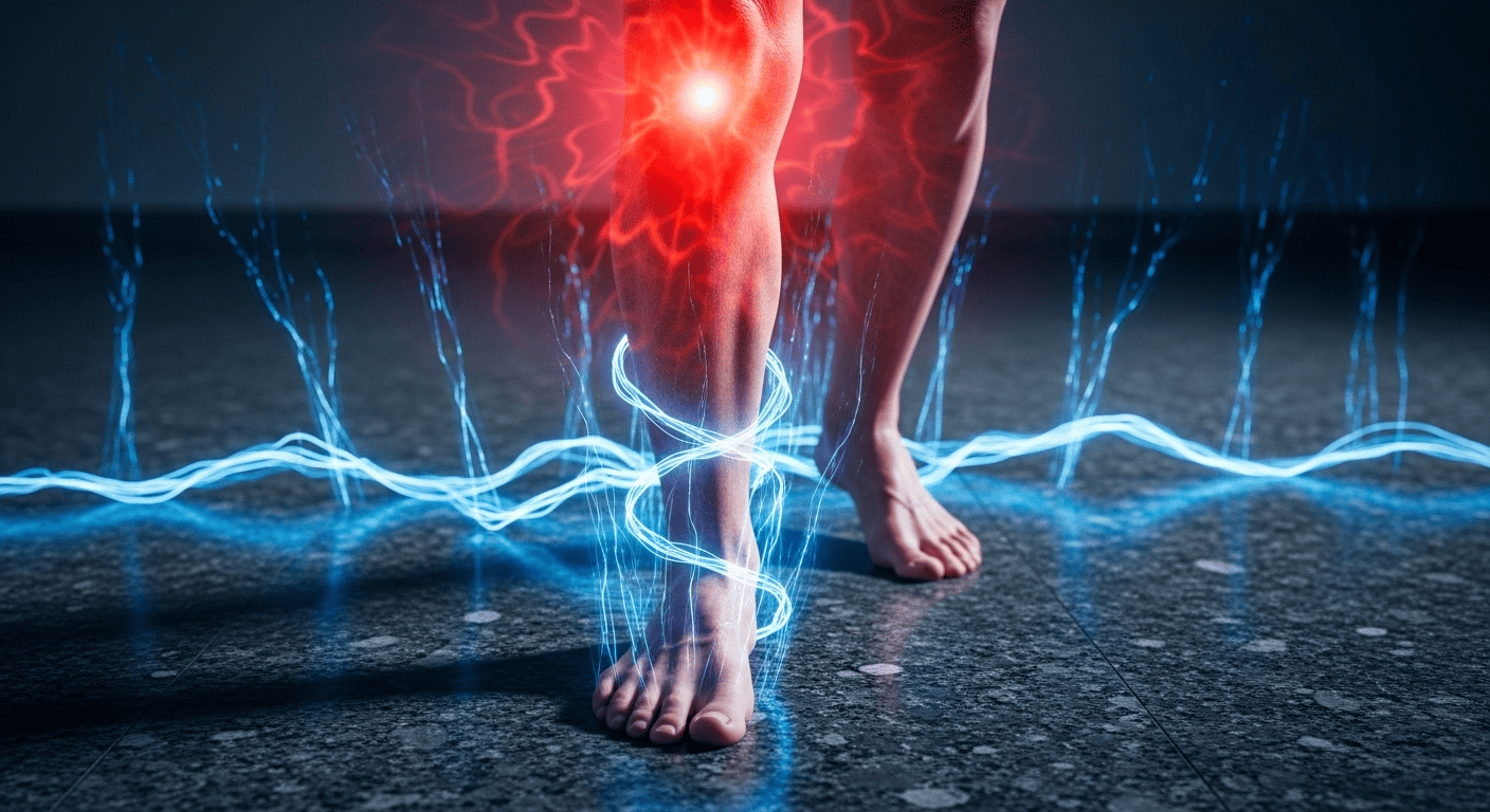 A symbolic image showing how cold energy from granite flooring travels up the leg, causing knee pain.