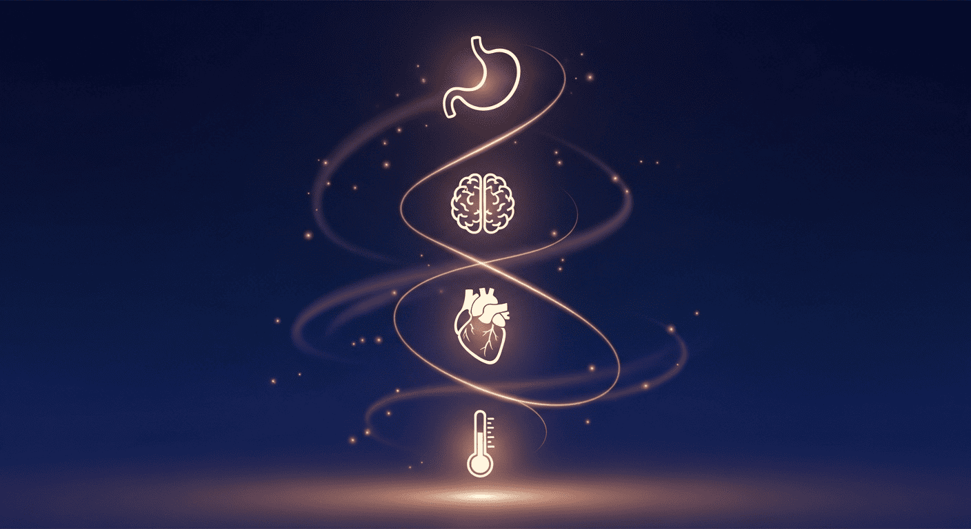 Four icons representing digestion, intellect, mind, and body temperature in perfect alignment, symbolizing the requirements for deep sleep.