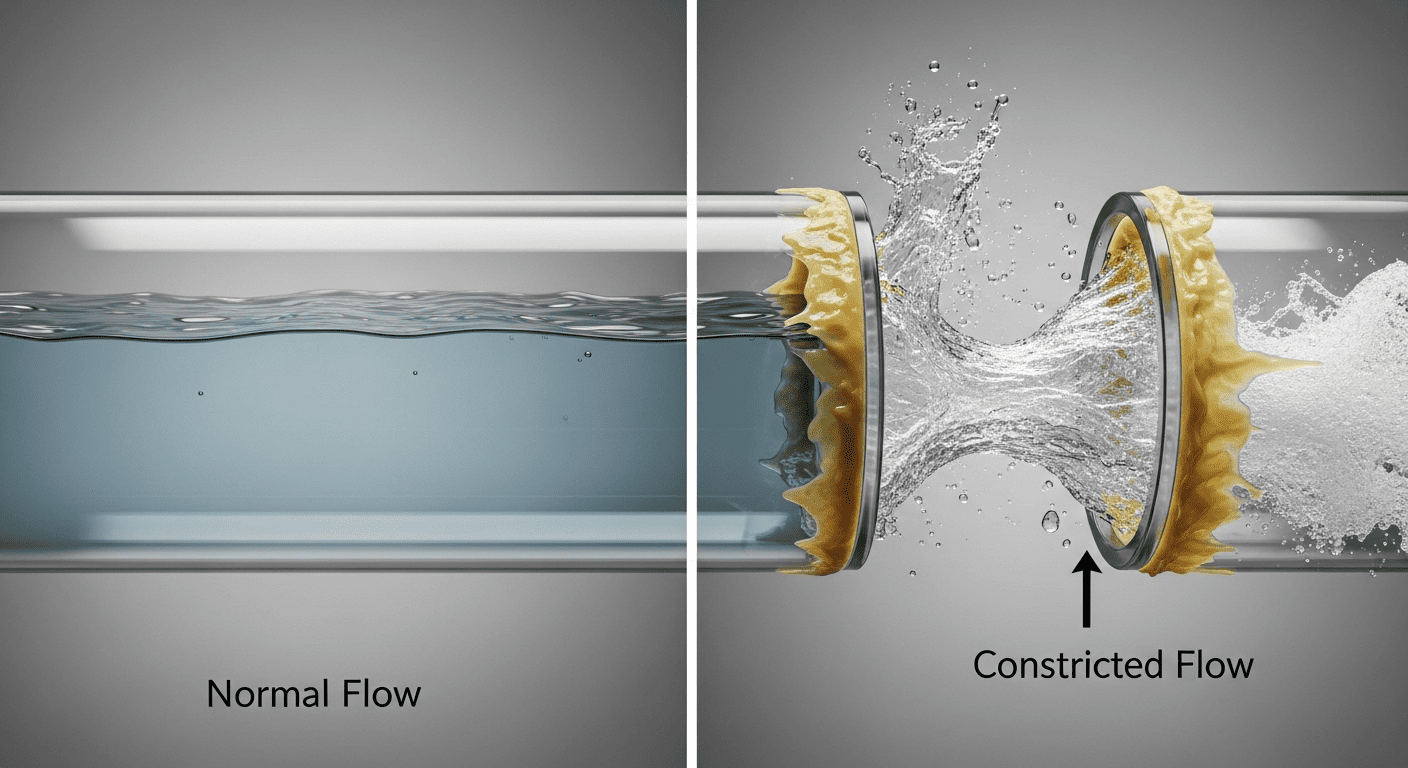 A visual analogy showing a clear pipe versus a clogged pipe to explain how blocked arteries cause high blood pressure.