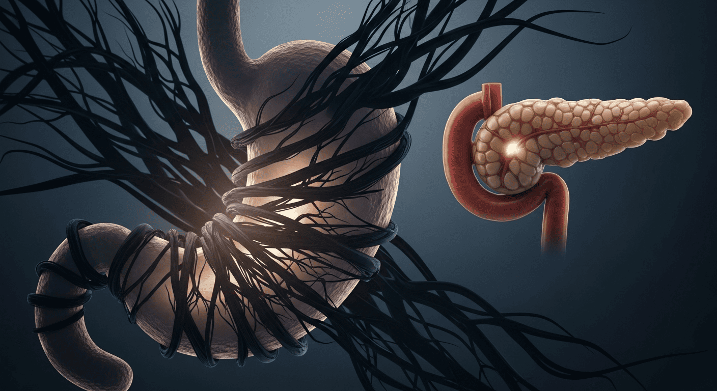 A symbolic image showing the emotion of worry suppressing the stomach's digestive function, which is the root cause of high blood sugar.