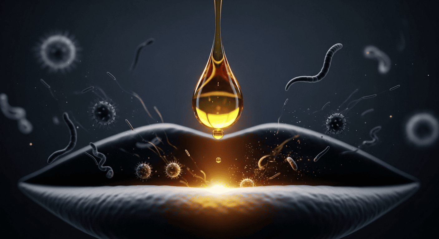 A microscopic visualization of castor oil flowing over and dissolving the germs that cause tooth decay.