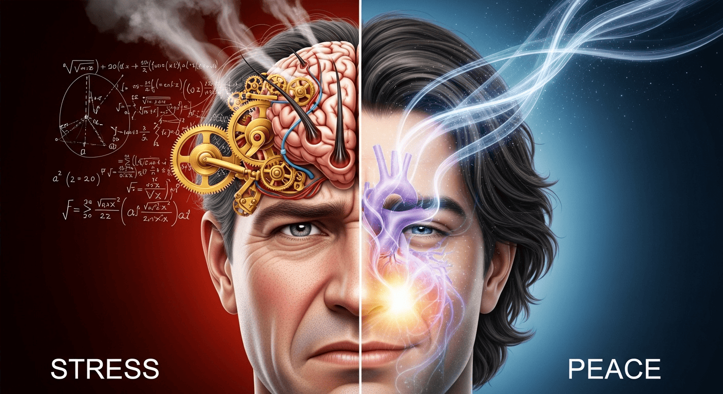 A conceptual image contrasting a life led by the stressful intellect versus a life led by the peaceful heart, and its effect on hair health.
