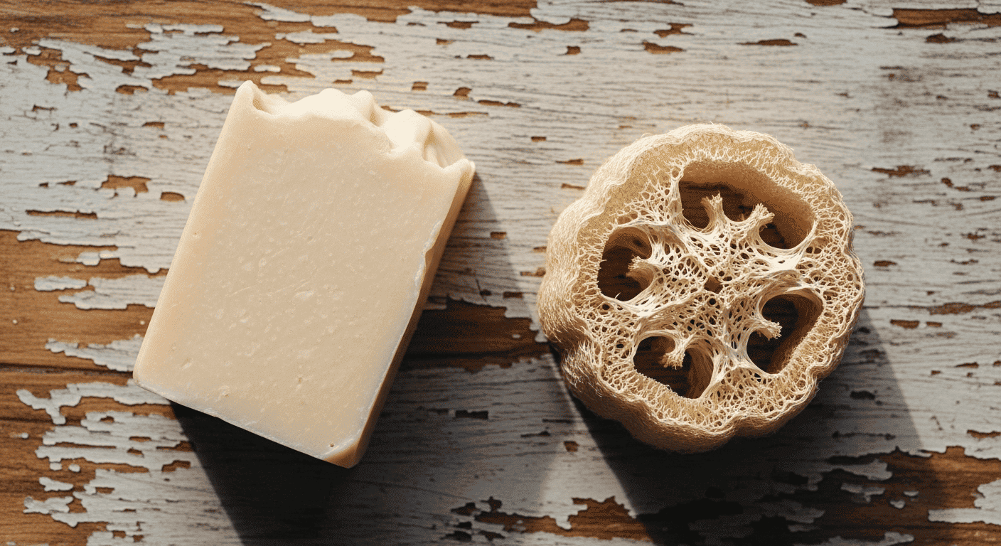 A natural coconut oil soap bar and a ridge gourd loofah, the two key ingredients for a natural skin lightening treatment.