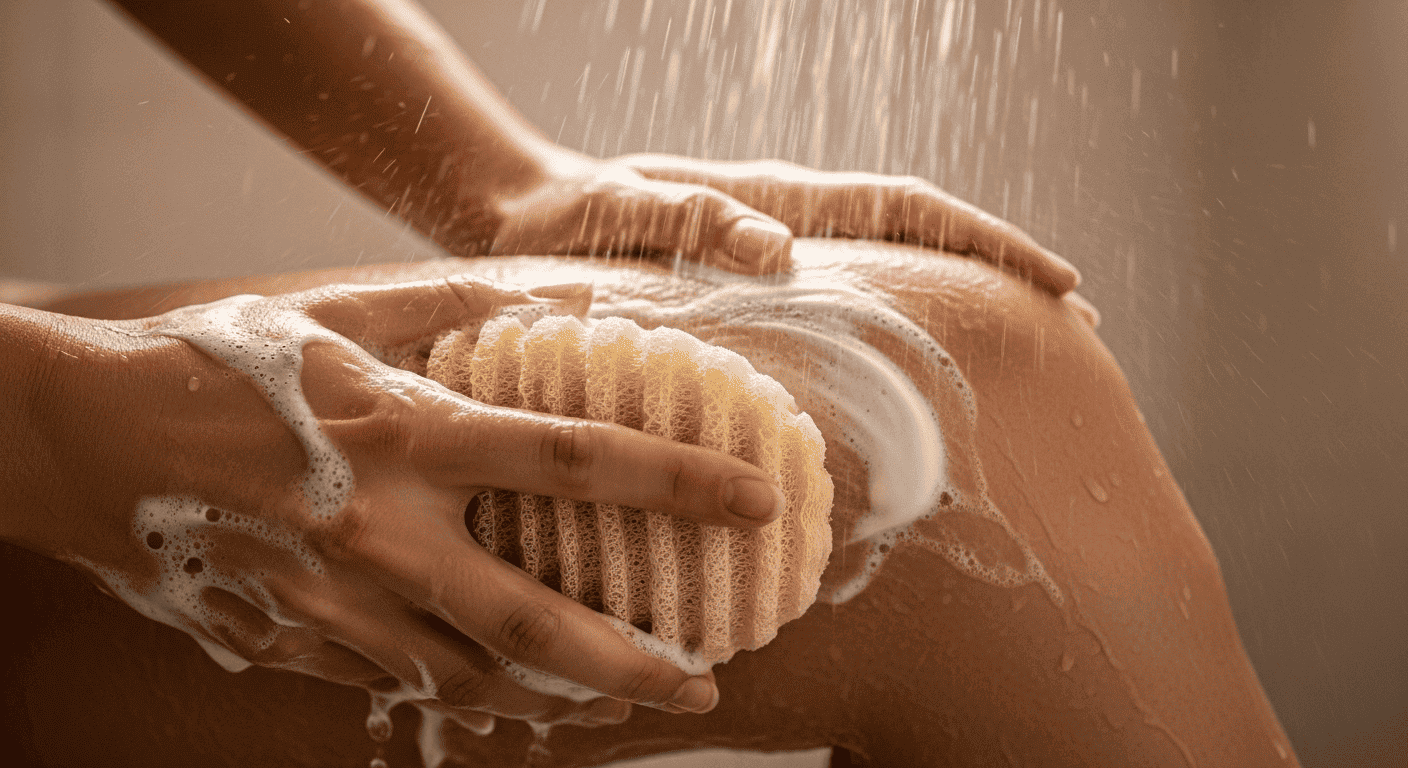 A person gently exfoliating their knee with a natural loofah and coconut soap during a bath.