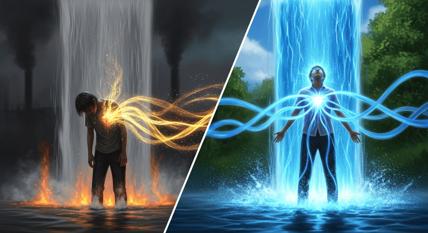A comparison of how a hot shower drains life energy while a cold shower replenishes it.