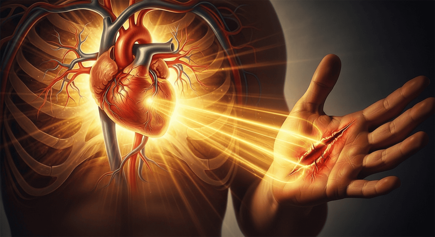  A symbolic image showing the heart intelligently increasing blood pressure to send healing energy to an injured part of the body.