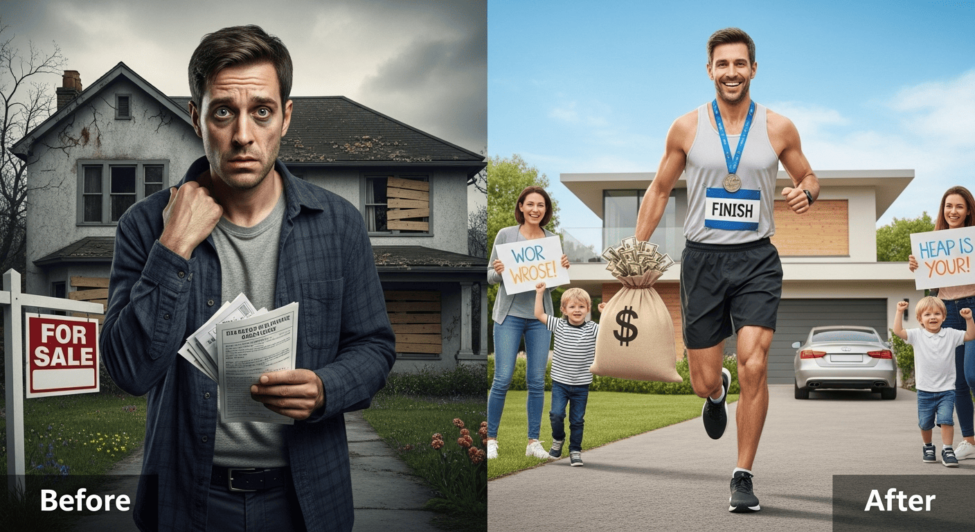 A visual representation of a life transformed from debt and despair to health and success through new habits.